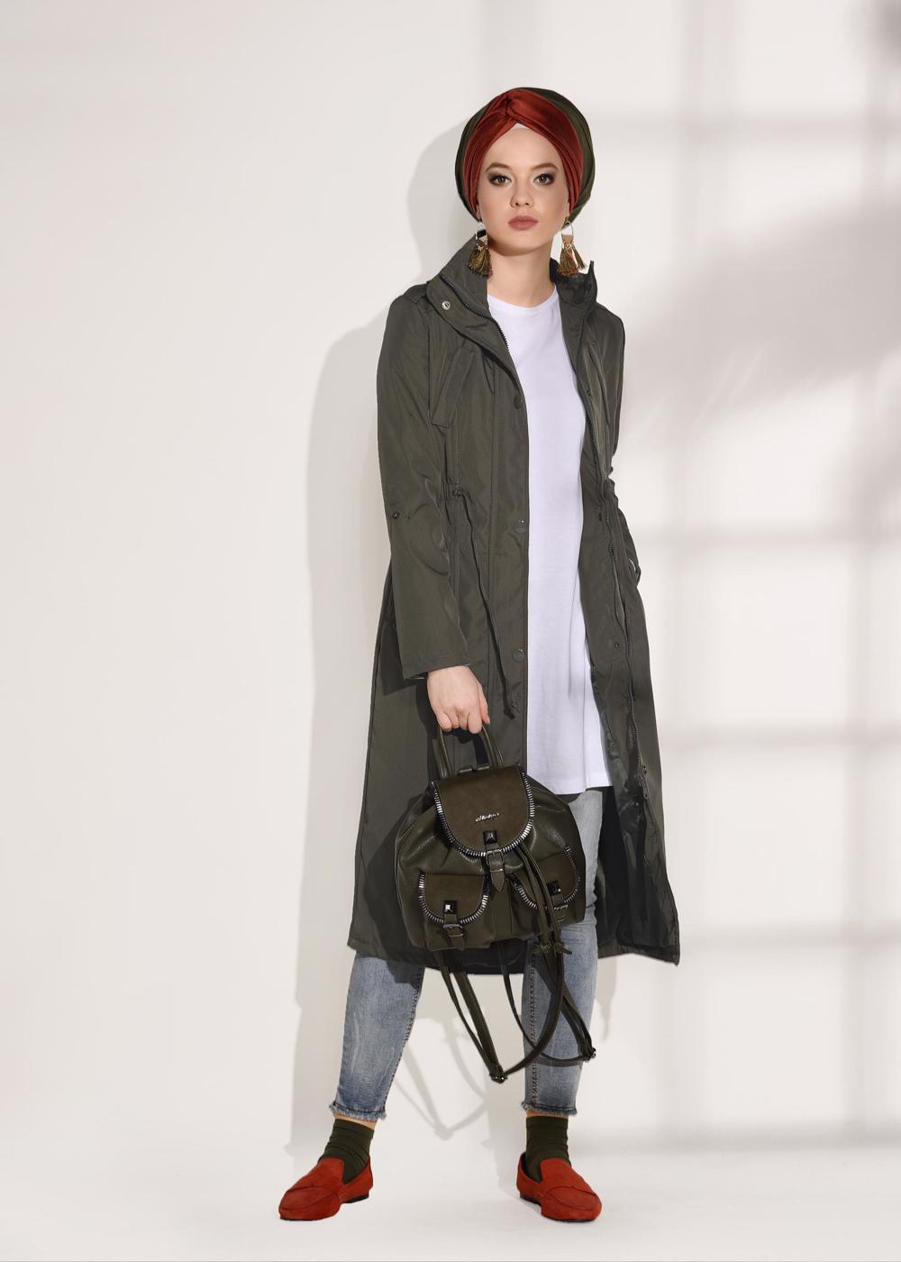 Tesettür giyim HAKİ ÇITÇIT VE FERMUARLI TRENÇKOT T 853