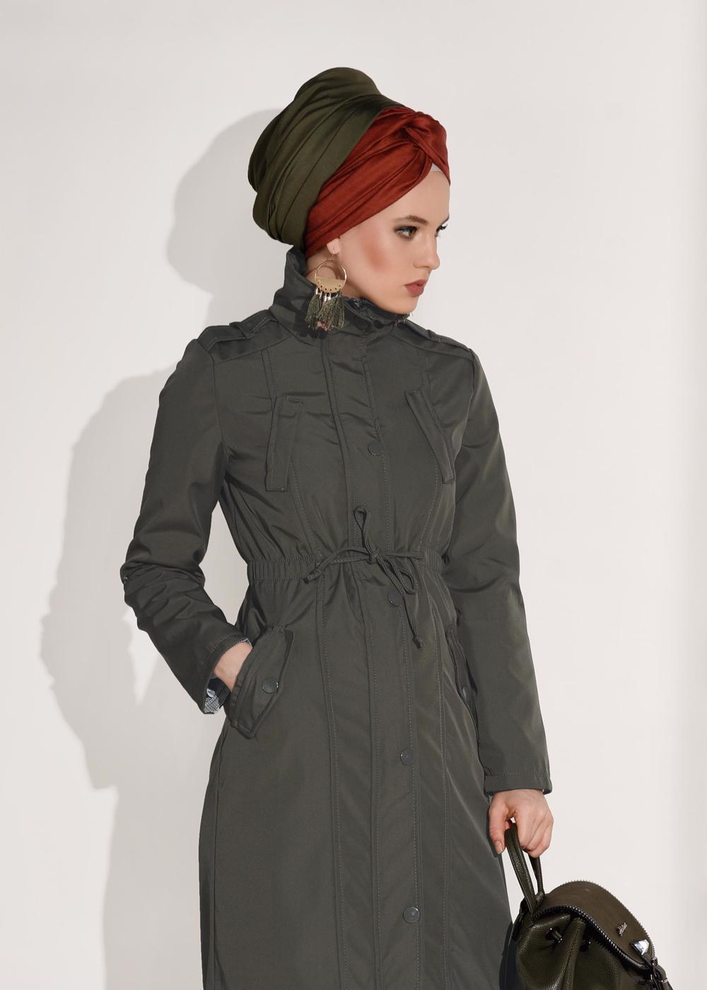 Tesettür giyim HAKİ ÇITÇIT VE FERMUARLI TRENÇKOT T 853