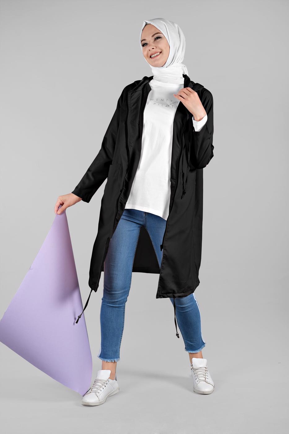 Tesettür giyim SİYAH CEPLİ ÖNDEN FERMUARLI TRENÇKOT 920