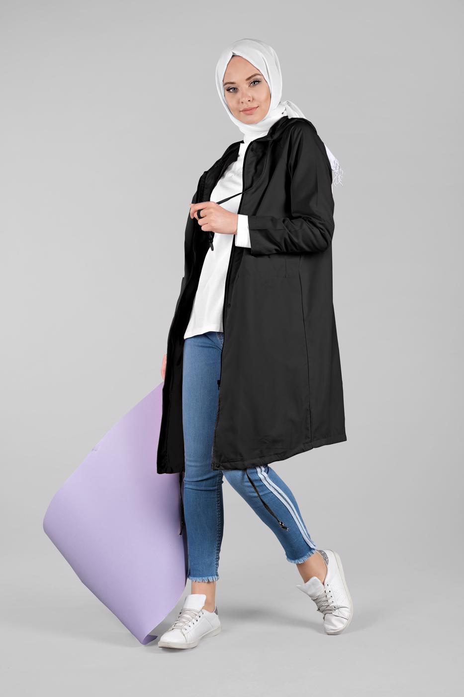 Tesettür giyim SİYAH CEPLİ ÖNDEN FERMUARLI TRENÇKOT 920