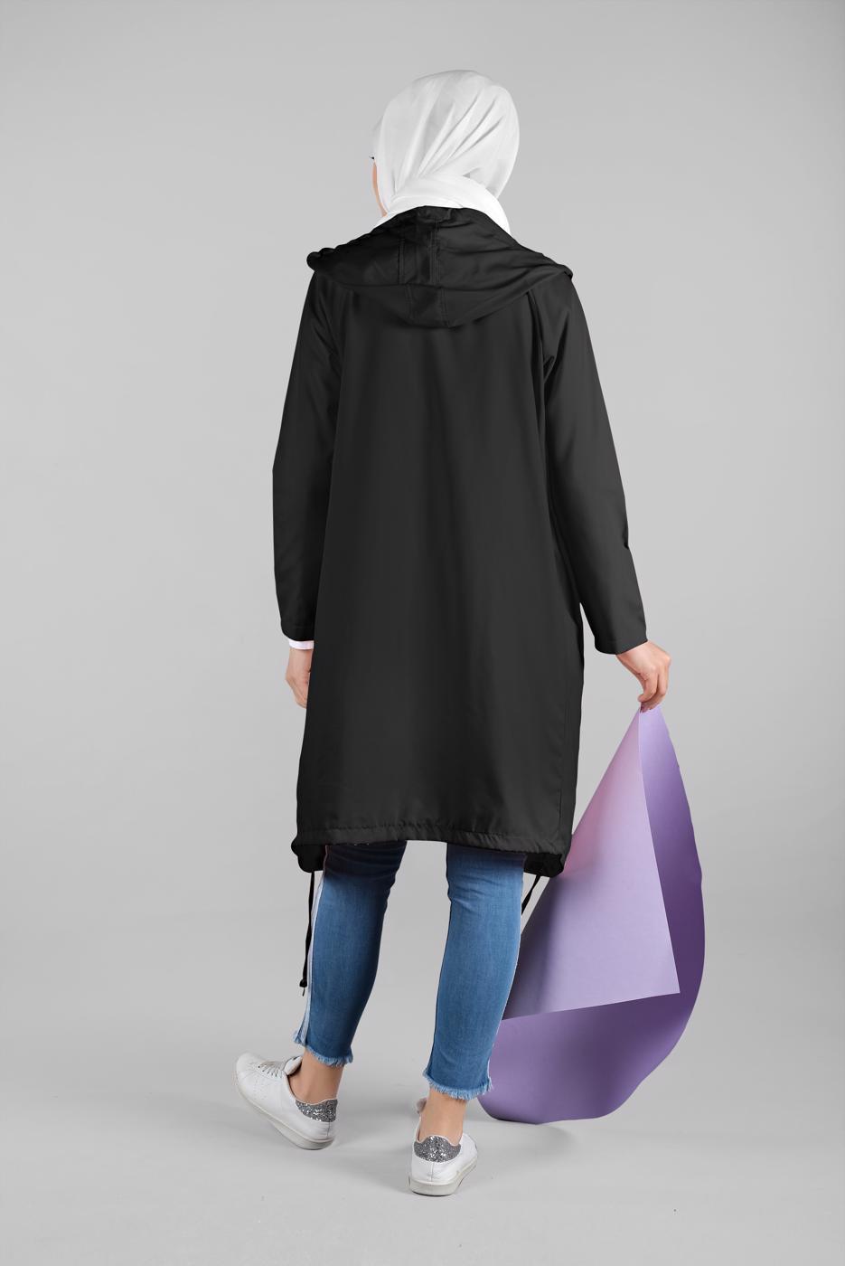 Tesettür giyim SİYAH CEPLİ ÖNDEN FERMUARLI TRENÇKOT 920