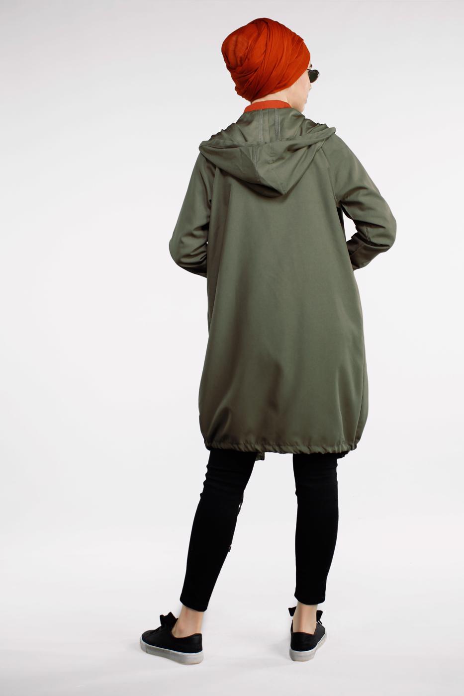 Tesettür giyim HAKİ CEPLİ ÖNDEN FERMUARLI TRENÇKOT 920