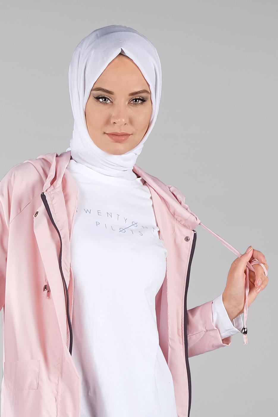 Tesettür giyim PUDRA CEPLİ ÖNDEN FERMUARLI TRENÇKOT 920