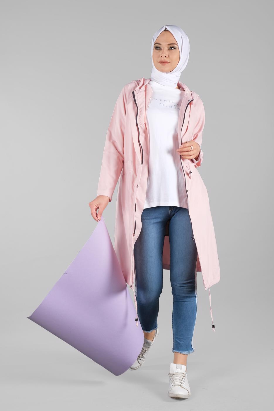 Tesettür giyim PUDRA CEPLİ ÖNDEN FERMUARLI TRENÇKOT 920