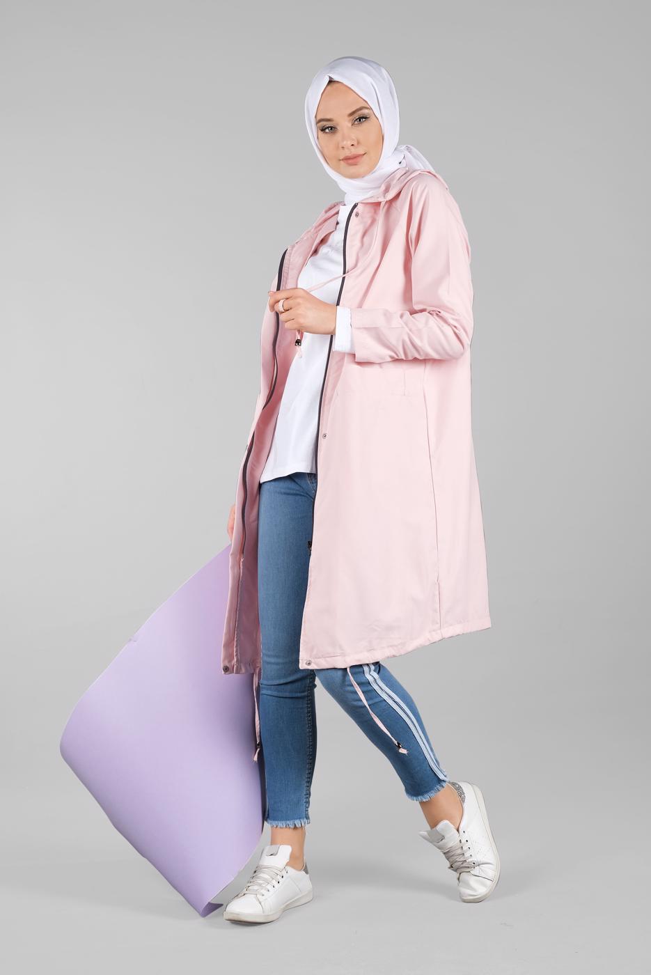 Tesettür giyim PUDRA CEPLİ ÖNDEN FERMUARLI TRENÇKOT 920