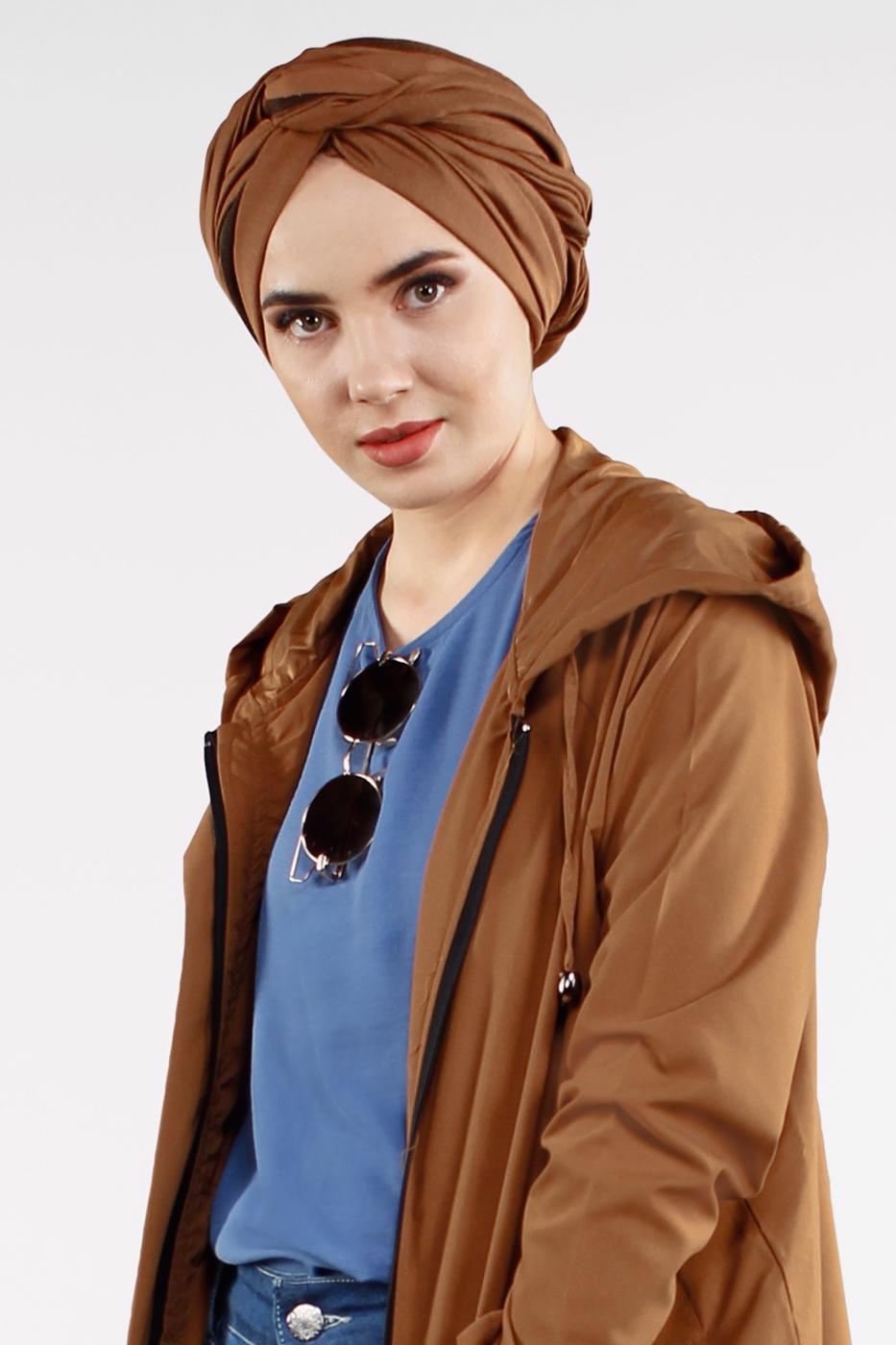 Tesettür giyim TABA CEPLİ ÖNDEN FERMUARLI TRENÇKOT 920