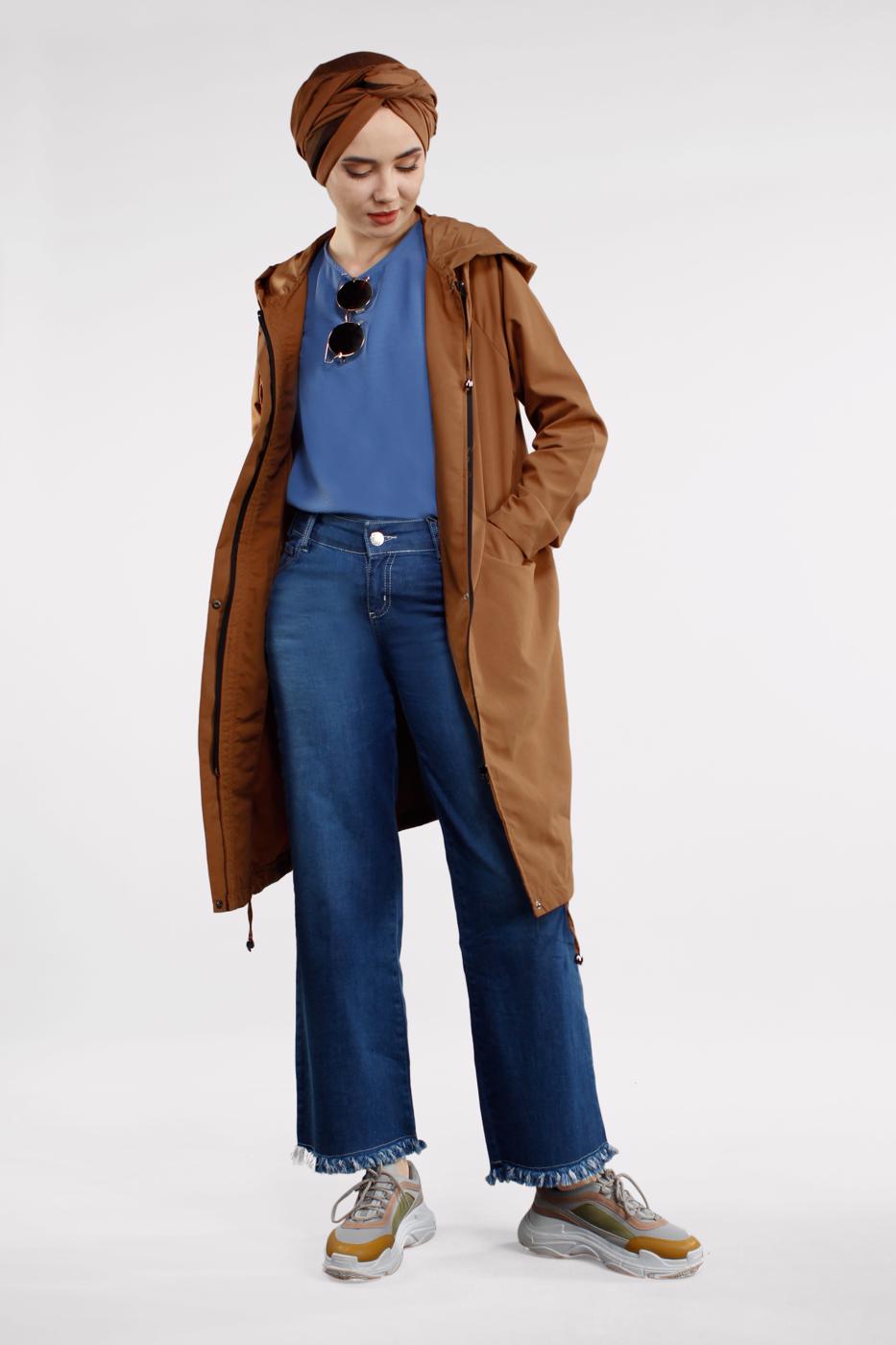 Tesettür giyim TABA CEPLİ ÖNDEN FERMUARLI TRENÇKOT 920