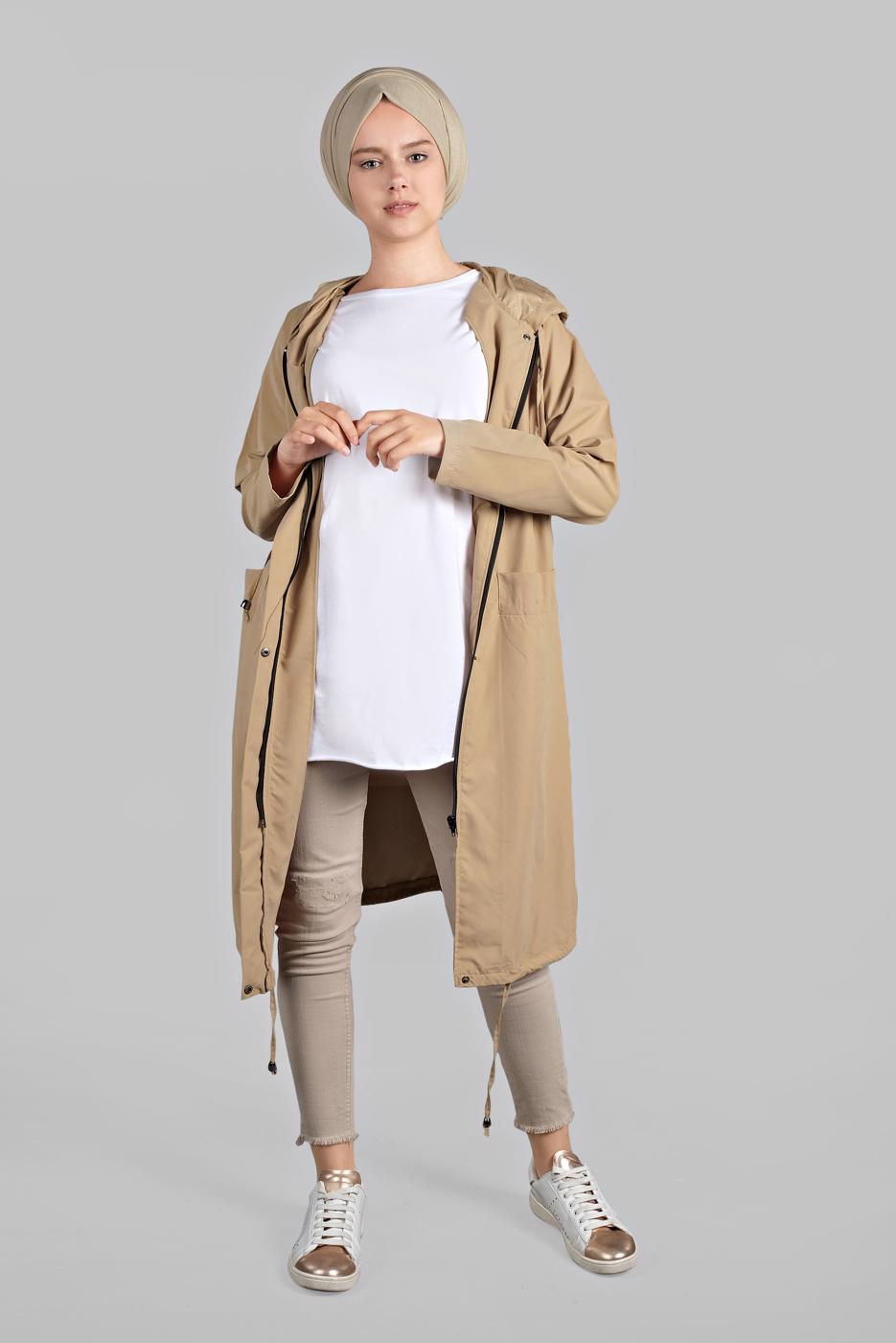 Tesettür giyim VİZON CEPLİ ÖNDEN FERMUARLI TRENÇKOT 920