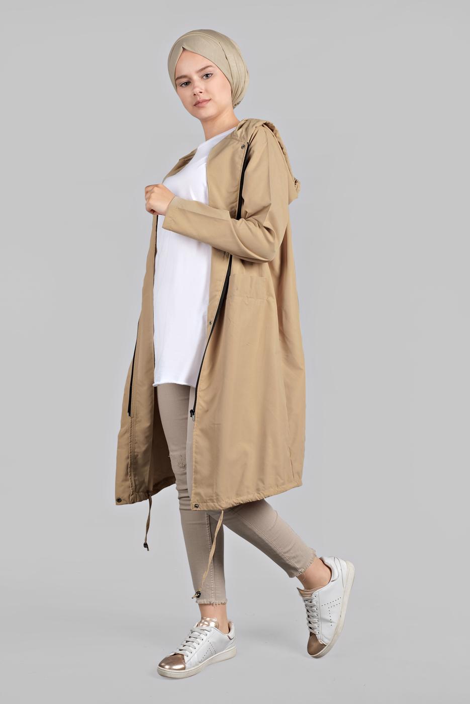 Tesettür giyim VİZON CEPLİ ÖNDEN FERMUARLI TRENÇKOT 920