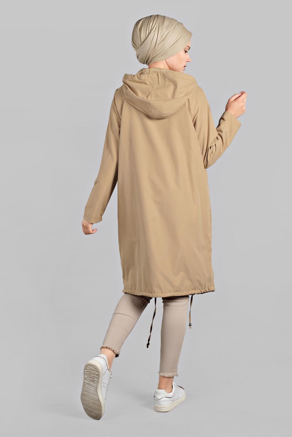 Tesettür giyim VİZON CEPLİ ÖNDEN FERMUARLI TRENÇKOT 920