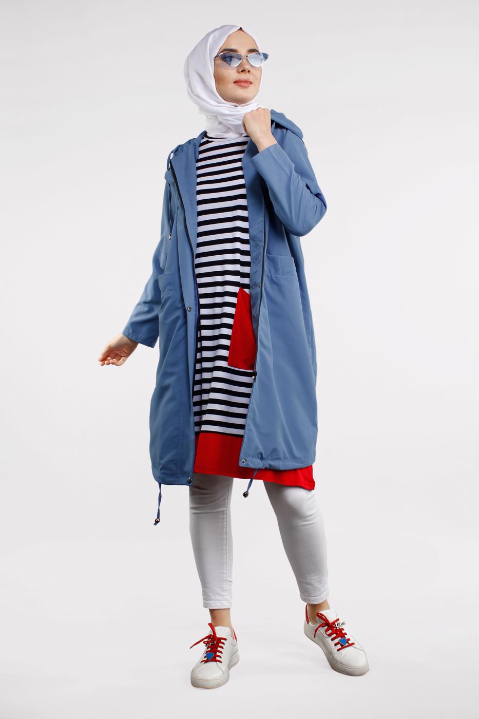 Tesettür giyim LACİVERT CEPLİ ÖNDEN FERMUARLI TRENÇKOT 920