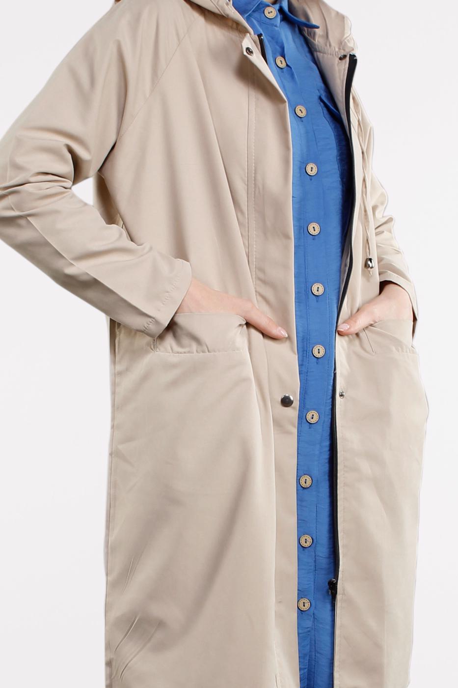 Tesettür giyim BEJ CEPLİ ÖNDEN FERMUARLI TRENÇKOT 920