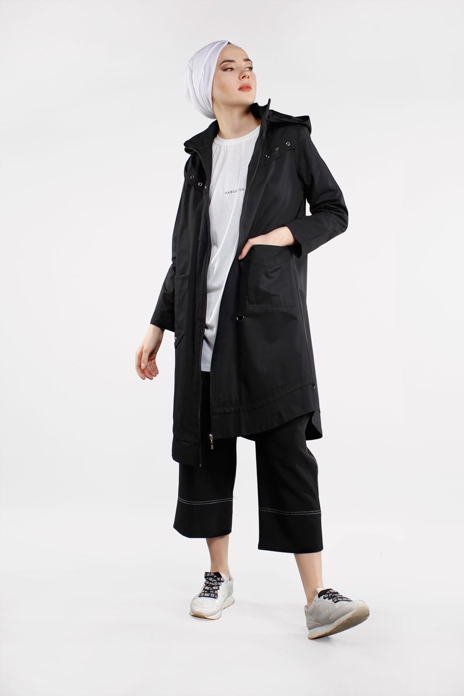 Tesettür giyim SİYAH ÖNDEN FERMUARLI PAMUKLU TRENÇKOT 930