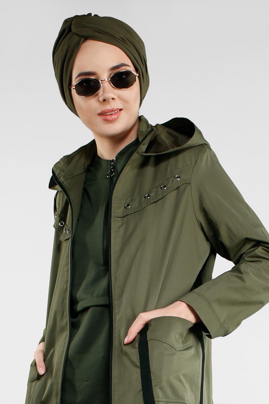 Tesettür giyim HAKİ ÖNDEN FERMUARLI PAMUKLU TRENÇKOT 930