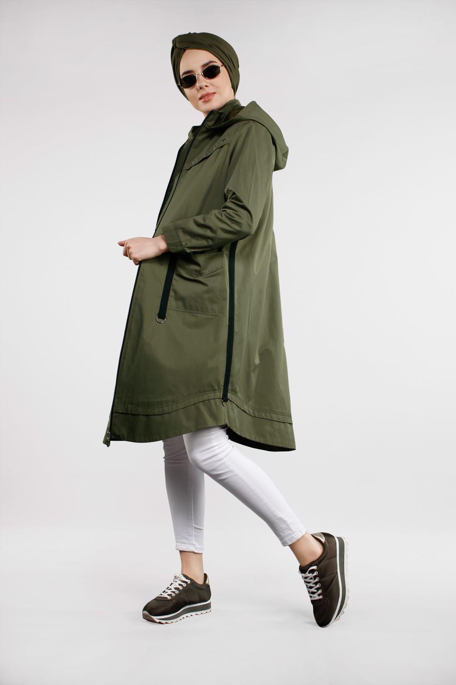 Tesettür giyim HAKİ ÖNDEN FERMUARLI PAMUKLU TRENÇKOT 930