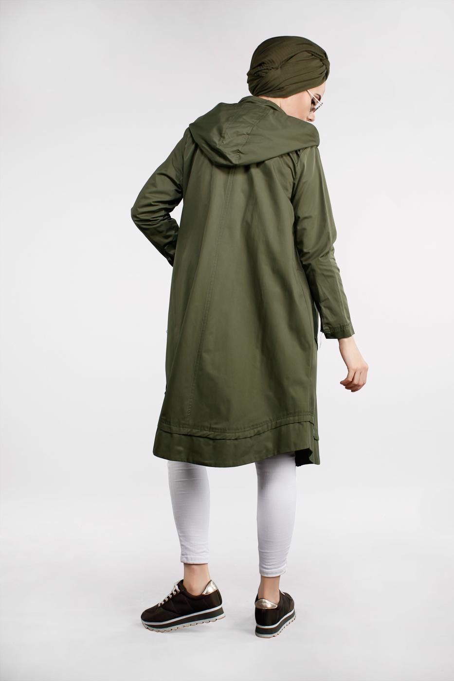 Tesettür giyim HAKİ ÖNDEN FERMUARLI PAMUKLU TRENÇKOT 930