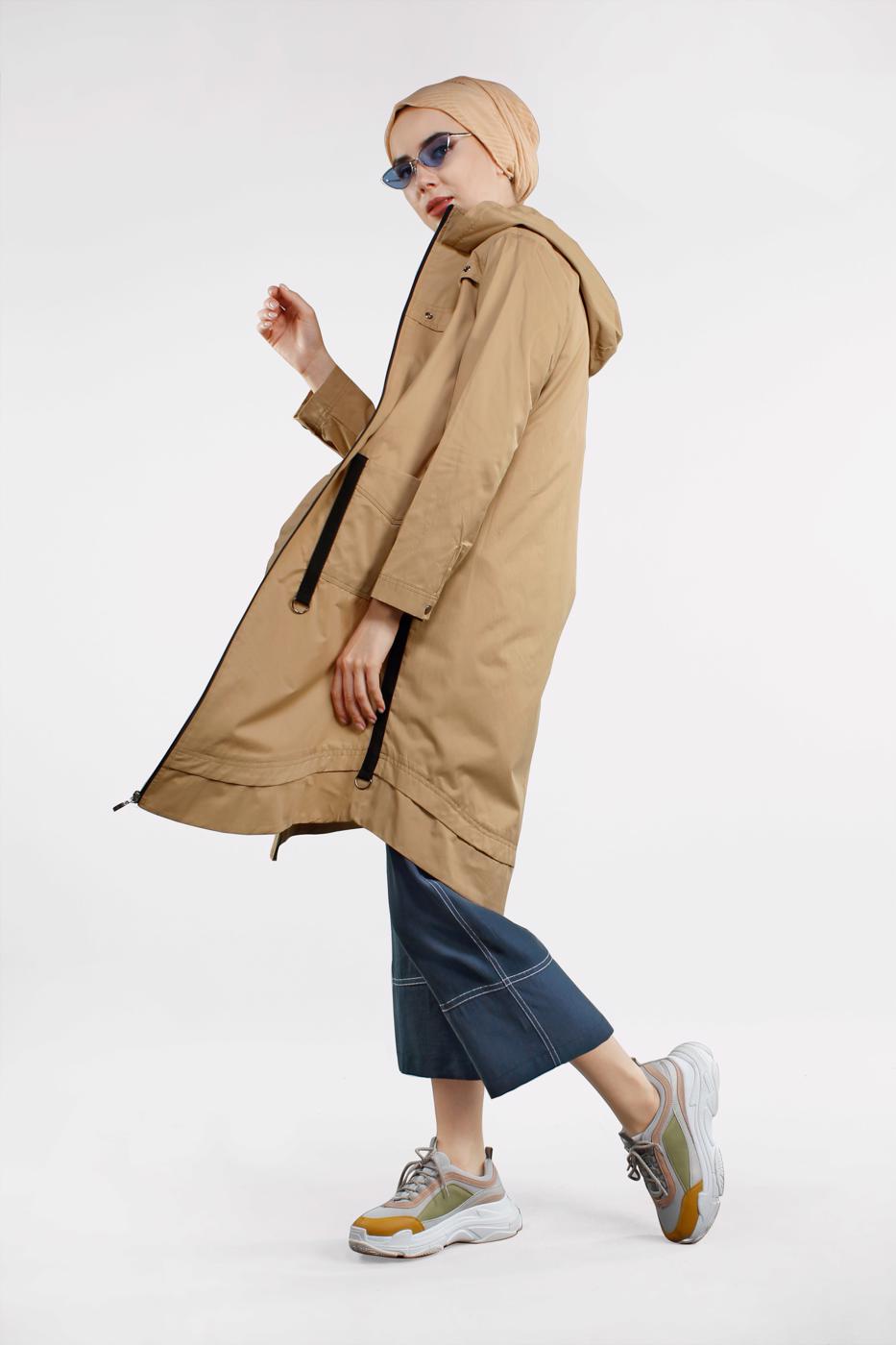 Tesettür giyim TABA ÖNDEN FERMUARLI PAMUKLU TRENÇKOT 930