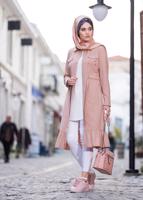 Tesettür giyim PUDRA ETEK UCU VOLANLI GİZLİ DÜĞMELİ TRENÇKOT 1201
