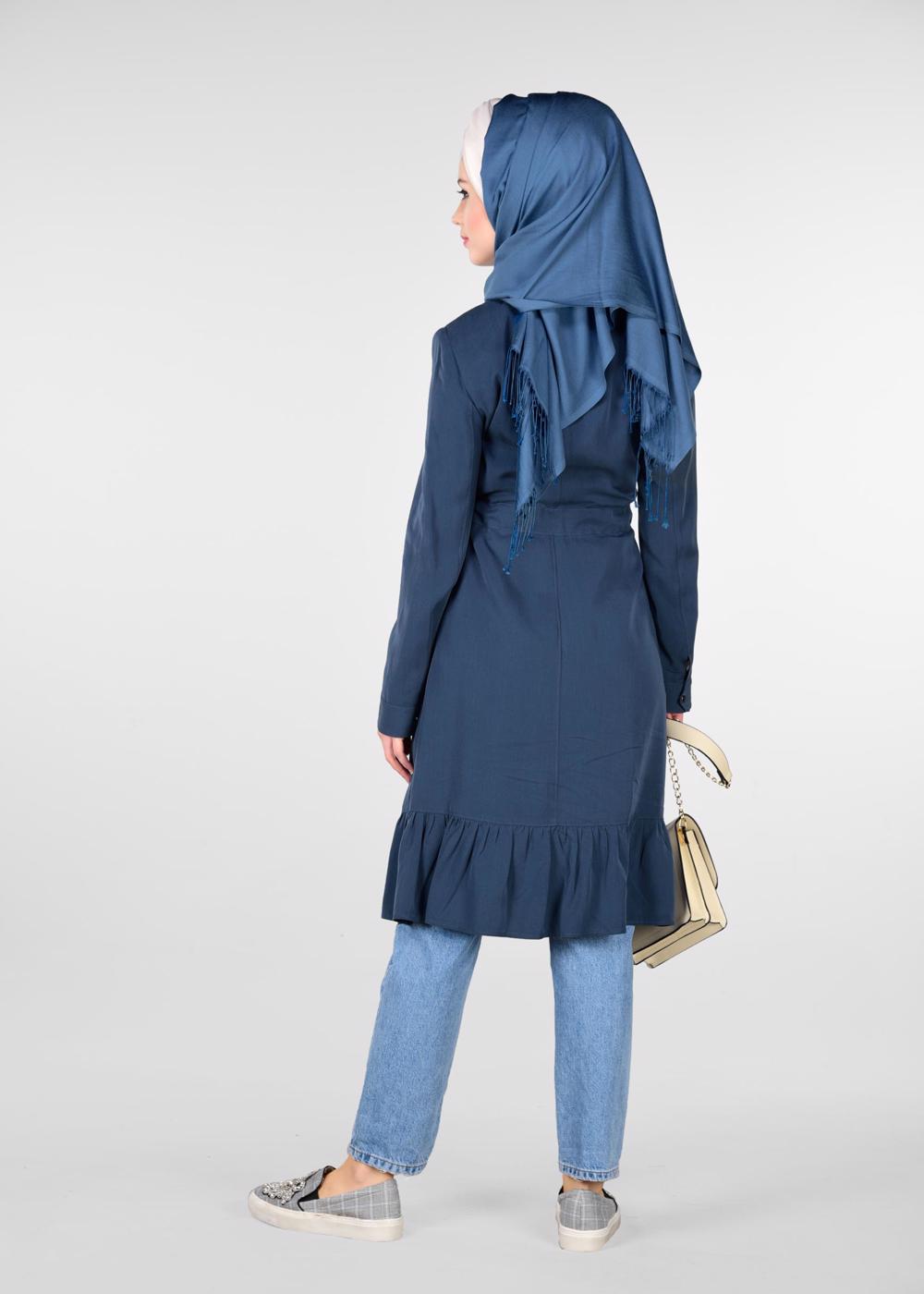 Tesettür giyim LACİVERT ETEK UCU VOLANLI GİZLİ DÜĞMELİ TRENÇKOT 1201