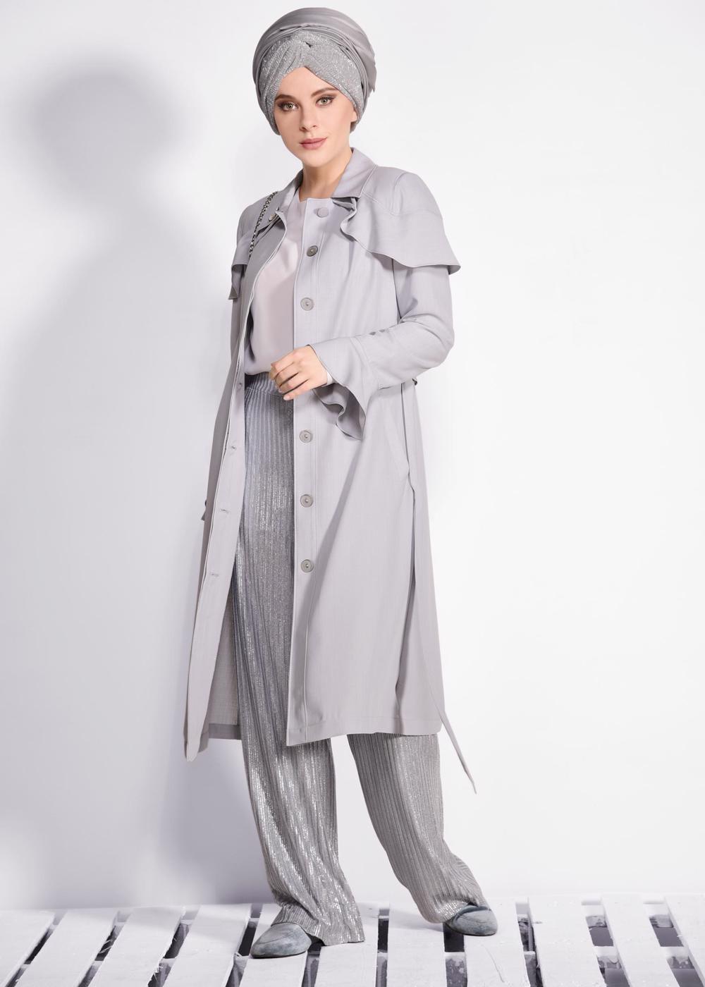 Tesettür giyim GRİ VOLANLI GİZLİ DÜĞMELİ TRENÇKOT 1205 