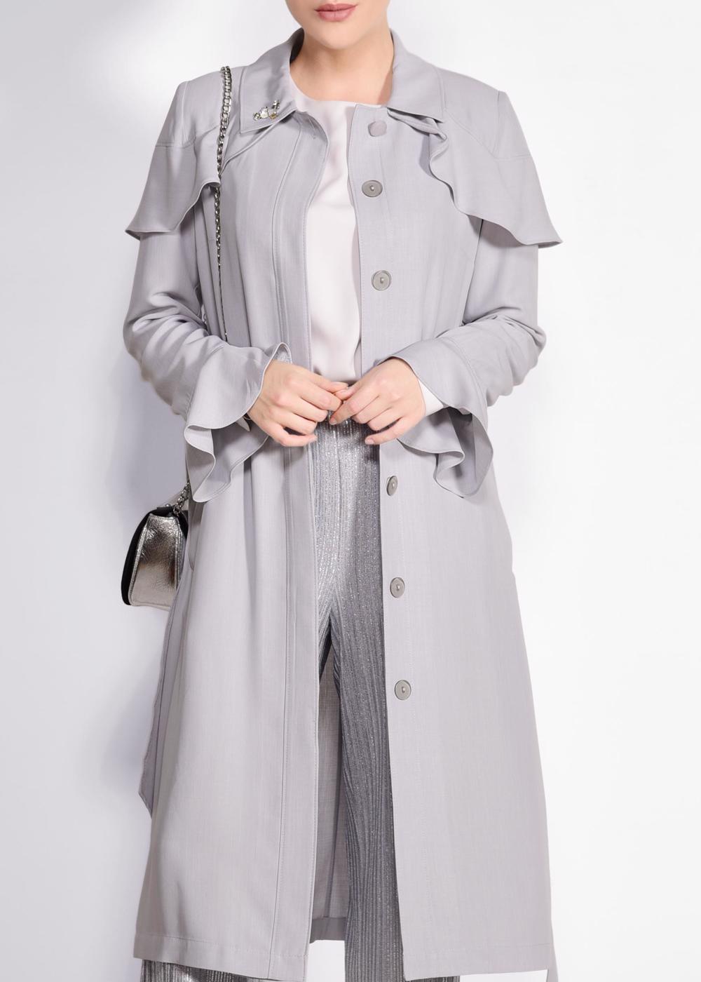 Tesettür giyim GRİ VOLANLI GİZLİ DÜĞMELİ TRENÇKOT 1205 