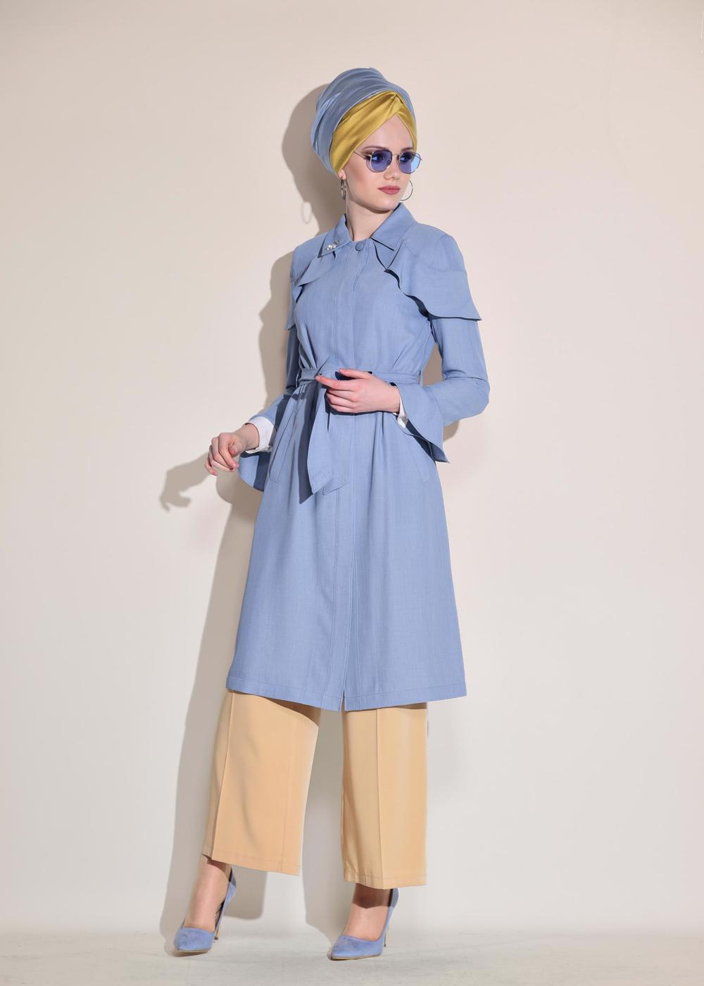 Tesettür giyim MAVİ VOLANLI GİZLİ DÜĞMELİ TRENÇKOT 1205 