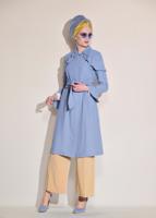 Tesettür giyim MAVİ VOLANLI GİZLİ DÜĞMELİ TRENÇKOT 1205 