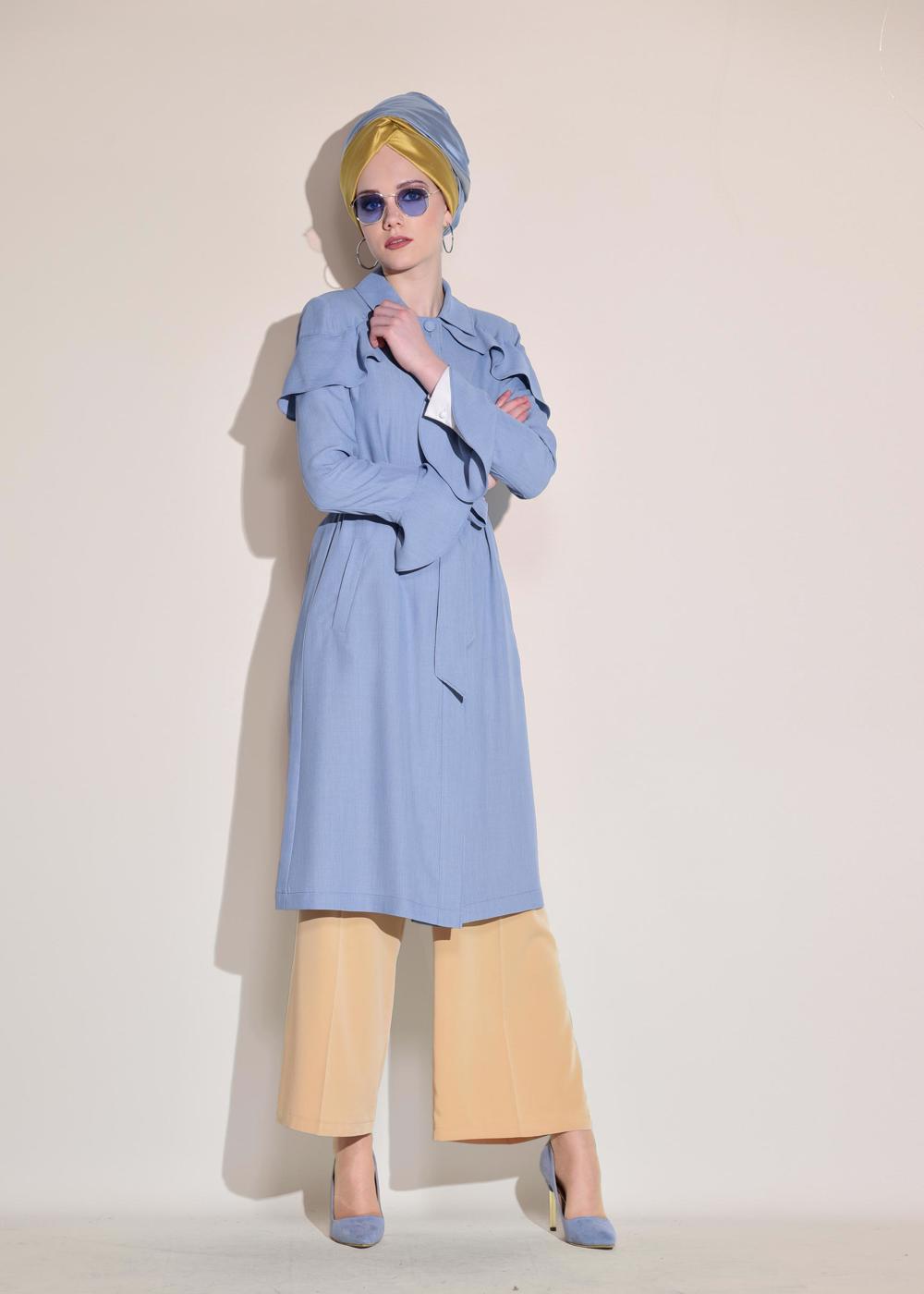 Tesettür giyim MAVİ VOLANLI GİZLİ DÜĞMELİ TRENÇKOT 1205 