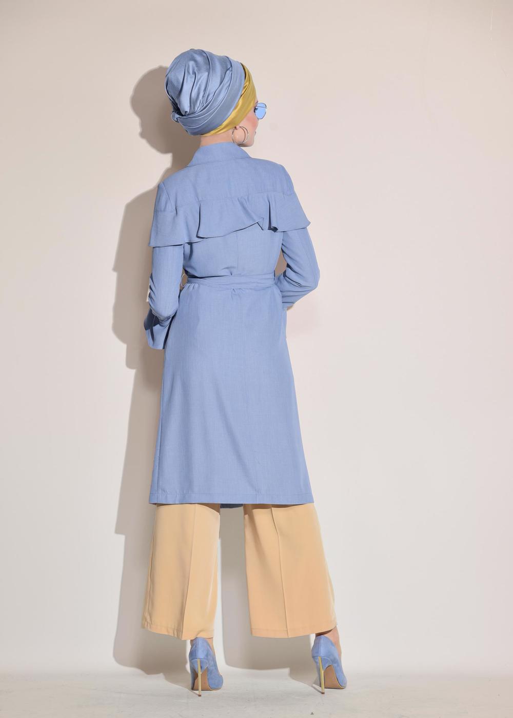Tesettür giyim MAVİ VOLANLI GİZLİ DÜĞMELİ TRENÇKOT 1205 