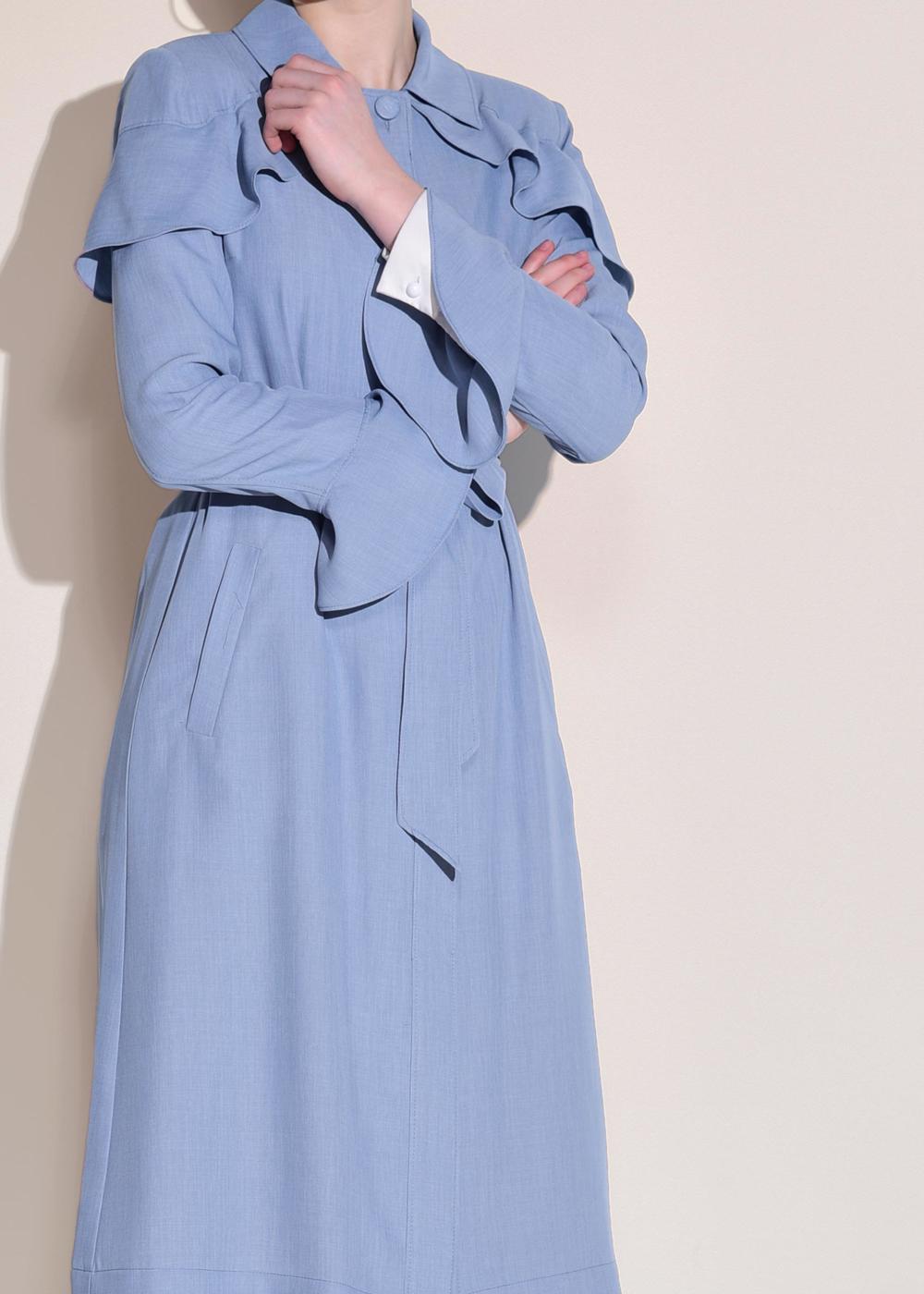 Tesettür giyim MAVİ VOLANLI GİZLİ DÜĞMELİ TRENÇKOT 1205 