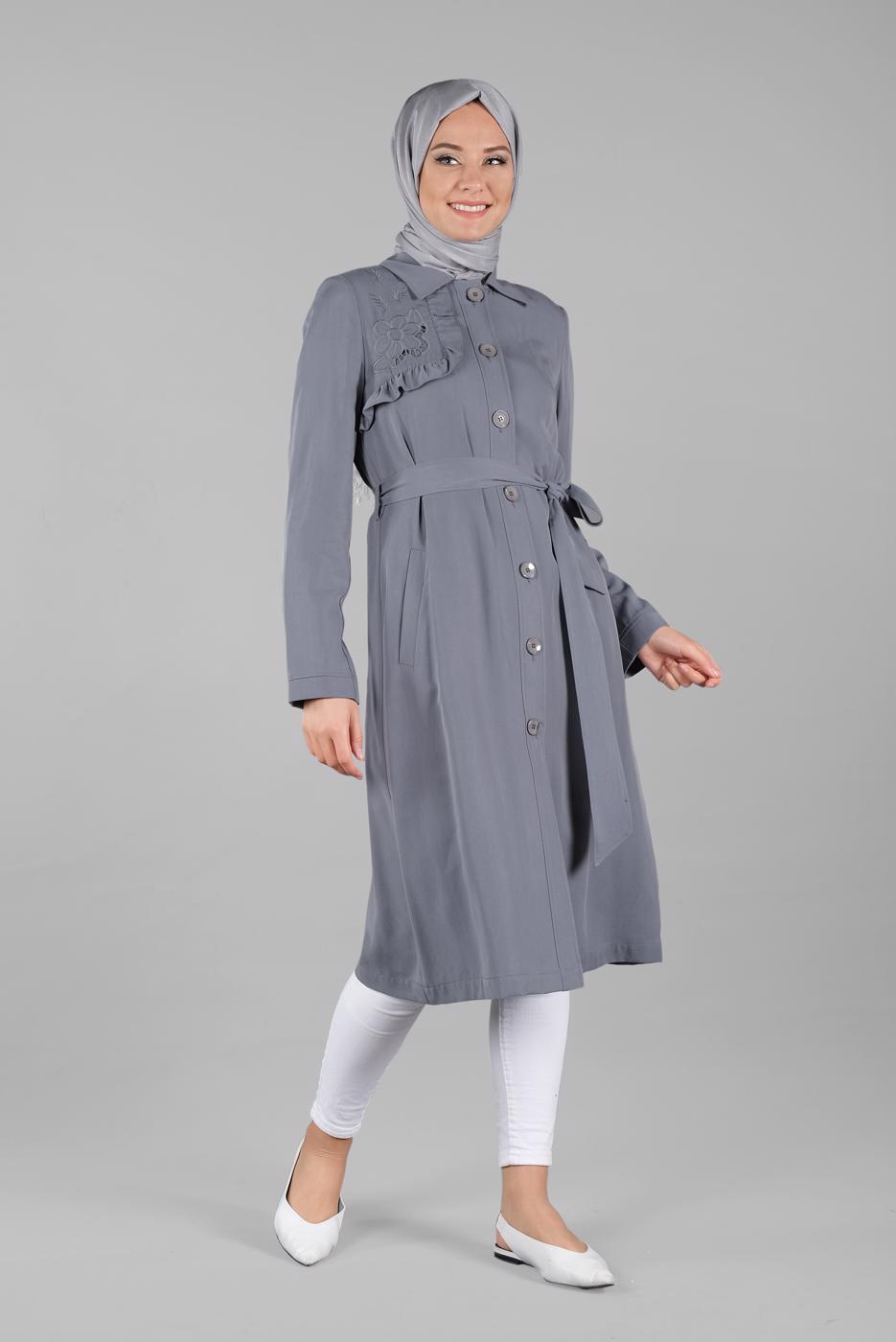 Tesettür giyim GRİ BELİ KUŞAKLI DÜĞMELİ TRENÇKOT 1206
