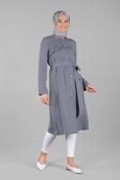Tesettür giyim GRİ BELİ KUŞAKLI DÜĞMELİ TRENÇKOT 1206