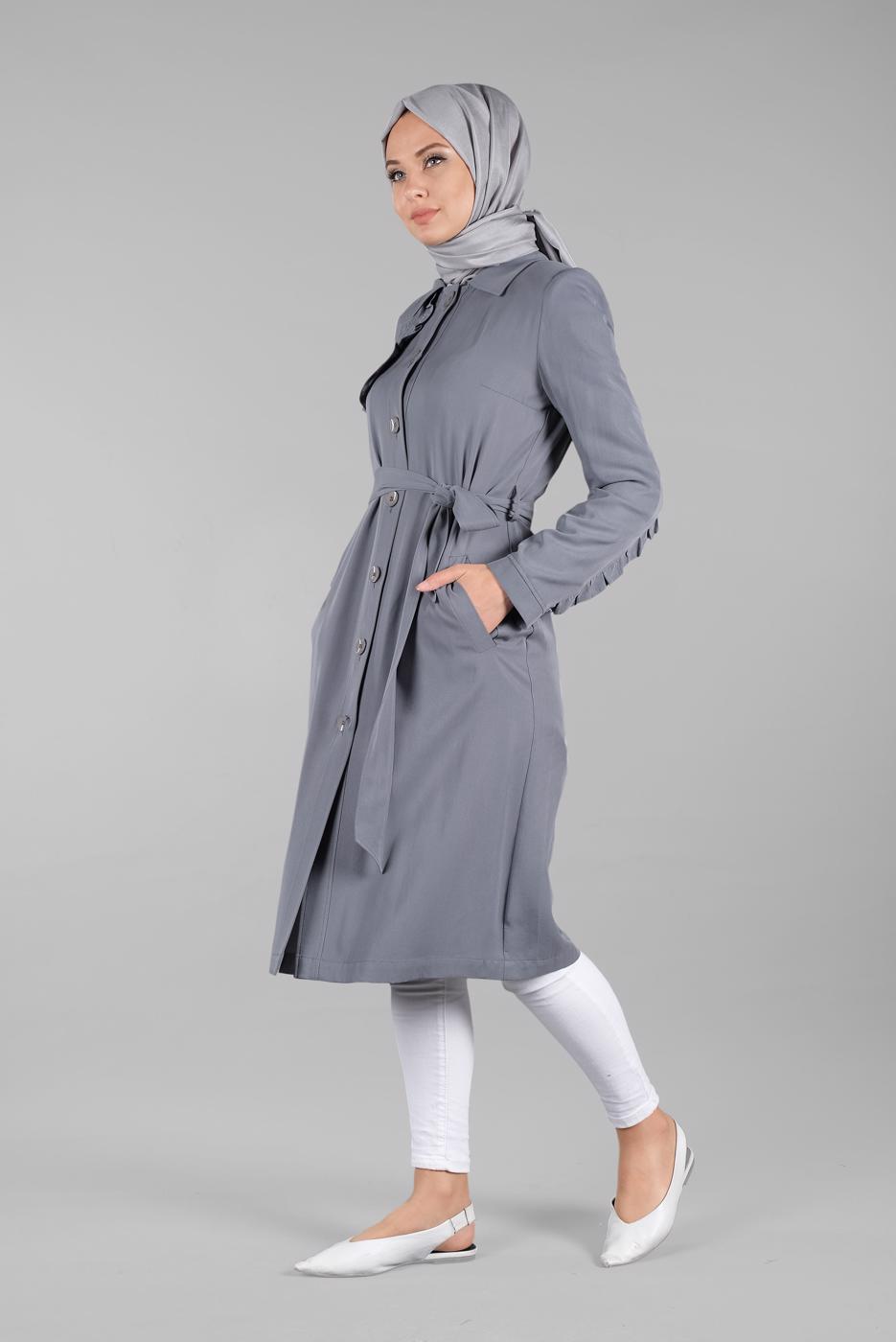 Tesettür giyim GRİ BELİ KUŞAKLI DÜĞMELİ TRENÇKOT 1206