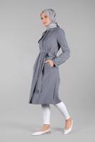 Tesettür giyim GRİ BELİ KUŞAKLI DÜĞMELİ TRENÇKOT 1206