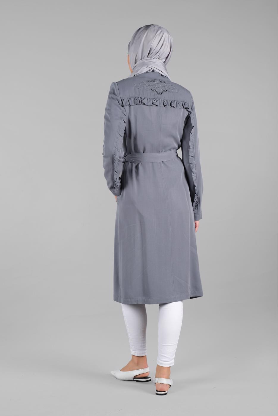 Tesettür giyim GRİ BELİ KUŞAKLI DÜĞMELİ TRENÇKOT 1206