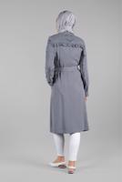 Tesettür giyim GRİ BELİ KUŞAKLI DÜĞMELİ TRENÇKOT 1206