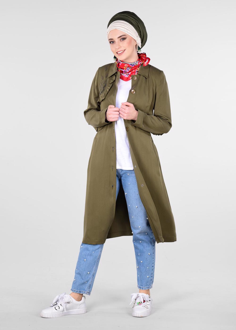 Tesettür giyim HAKİ BELİ KUŞAKLI DÜĞMELİ TRENÇKOT 1206