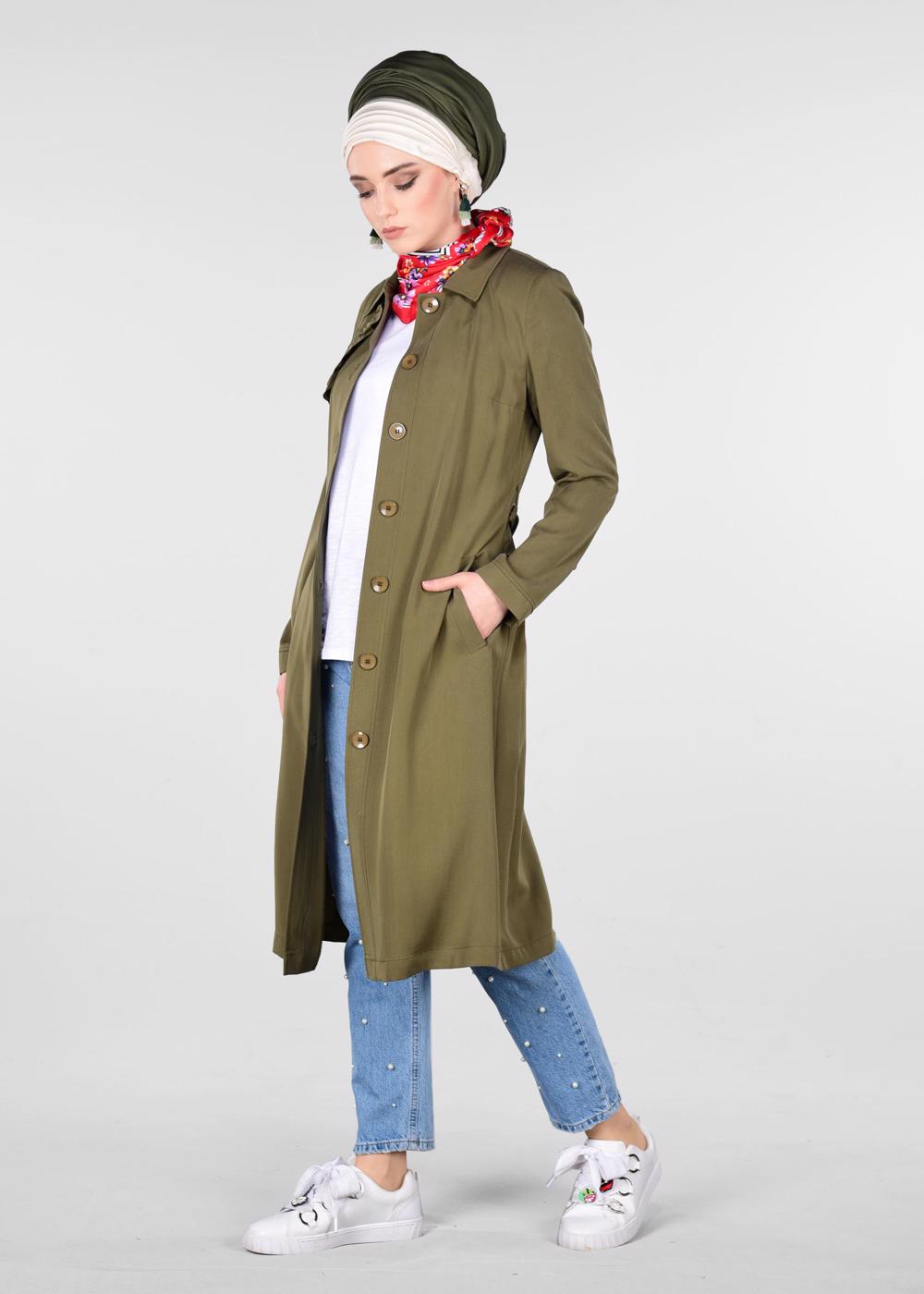 Tesettür giyim HAKİ BELİ KUŞAKLI DÜĞMELİ TRENÇKOT 1206