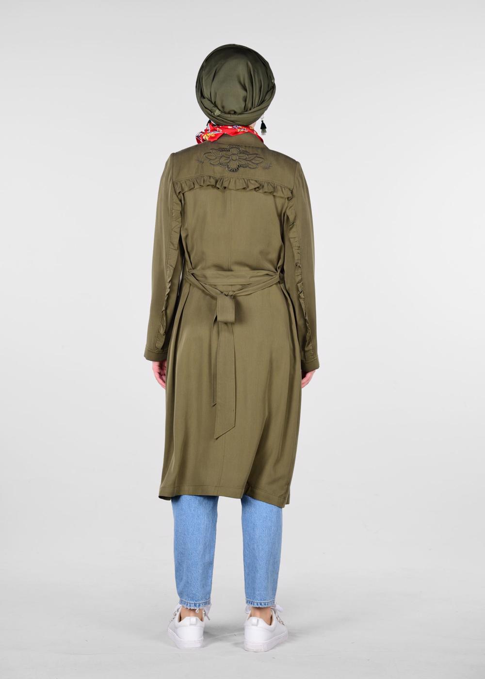 Tesettür giyim HAKİ BELİ KUŞAKLI DÜĞMELİ TRENÇKOT 1206