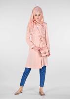 Tesettür giyim PUDRA İNCİ DETAYLI KUŞAKLI TRENÇKOT 1207	