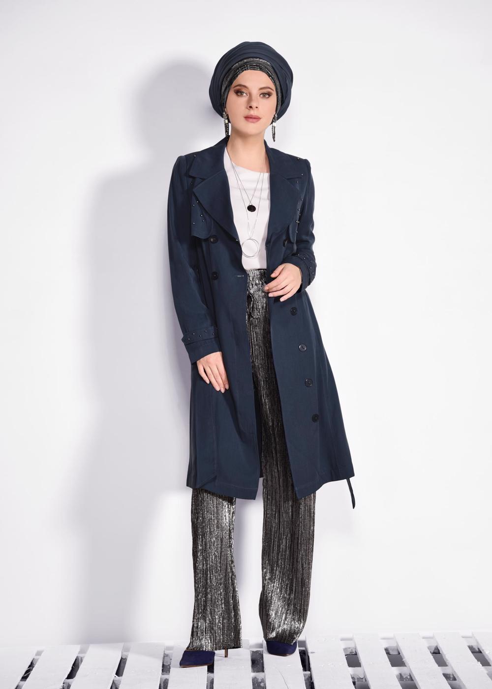 Tesettür giyim LACİVERT İNCİ DETAYLI KUŞAKLI TRENÇKOT 1207	