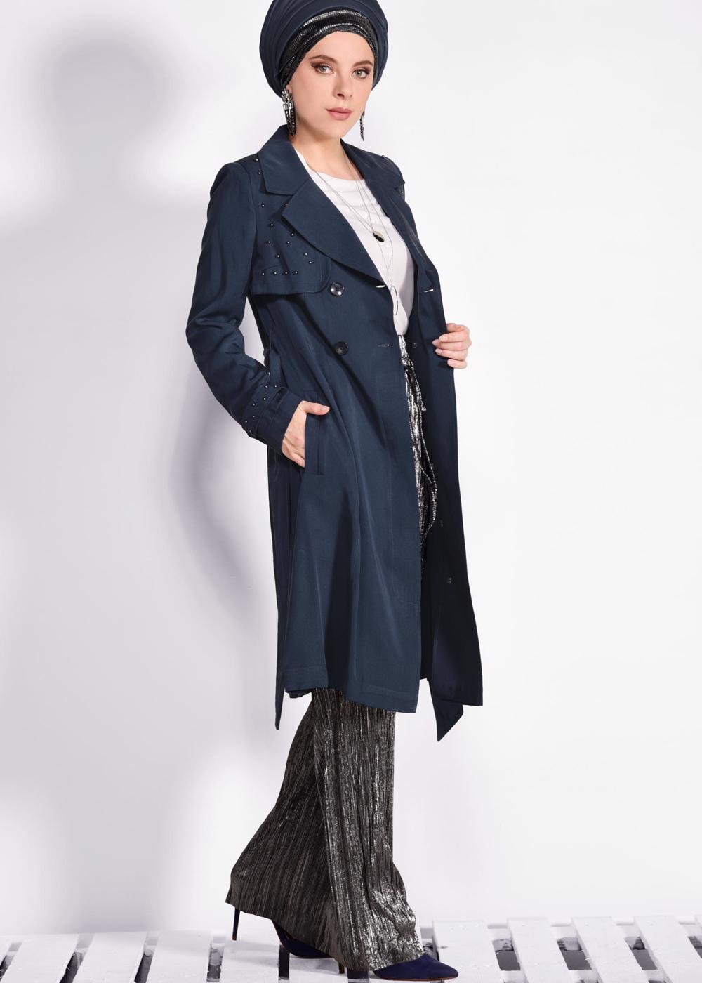 Tesettür giyim LACİVERT İNCİ DETAYLI KUŞAKLI TRENÇKOT 1207	