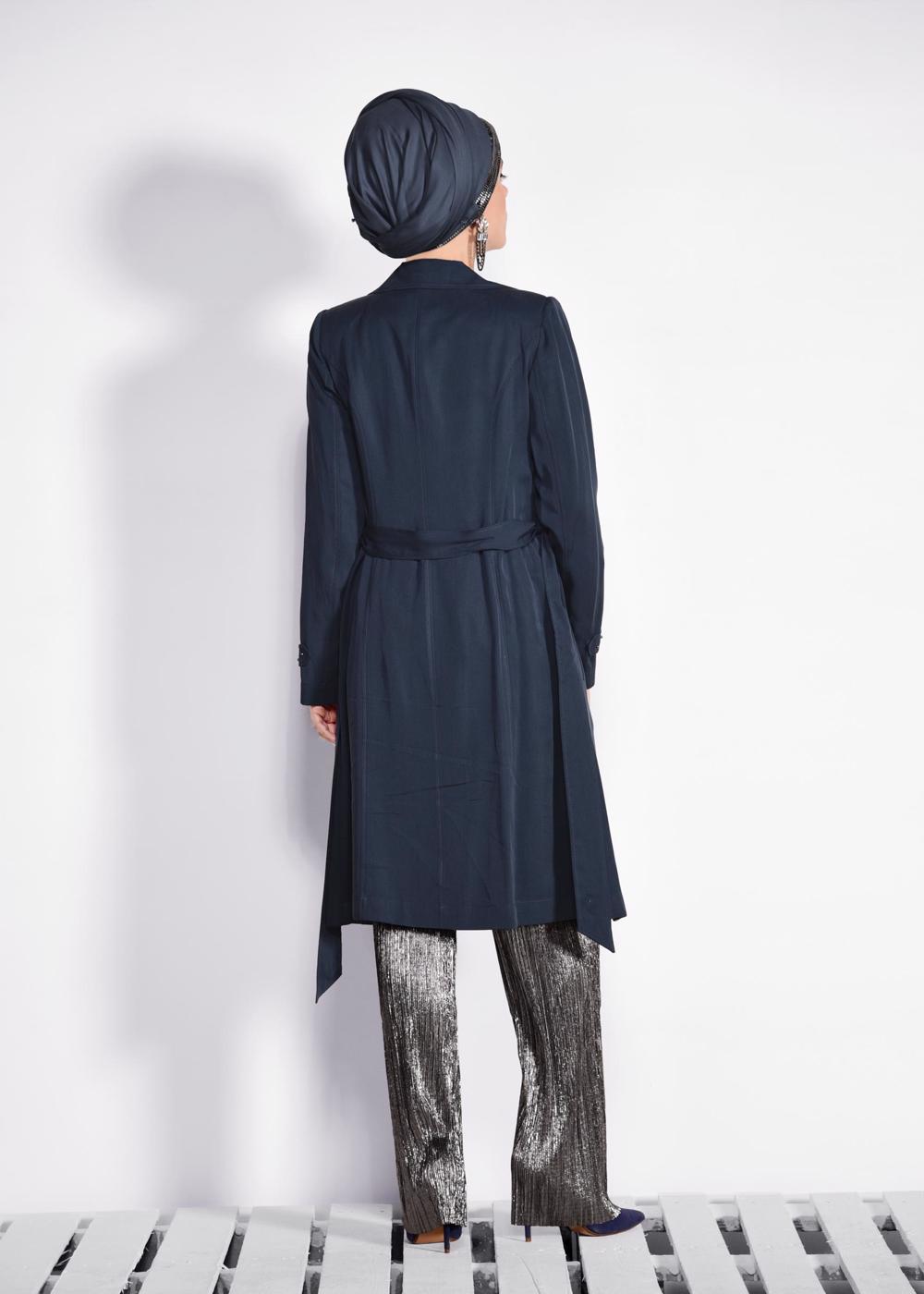 Tesettür giyim LACİVERT İNCİ DETAYLI KUŞAKLI TRENÇKOT 1207	