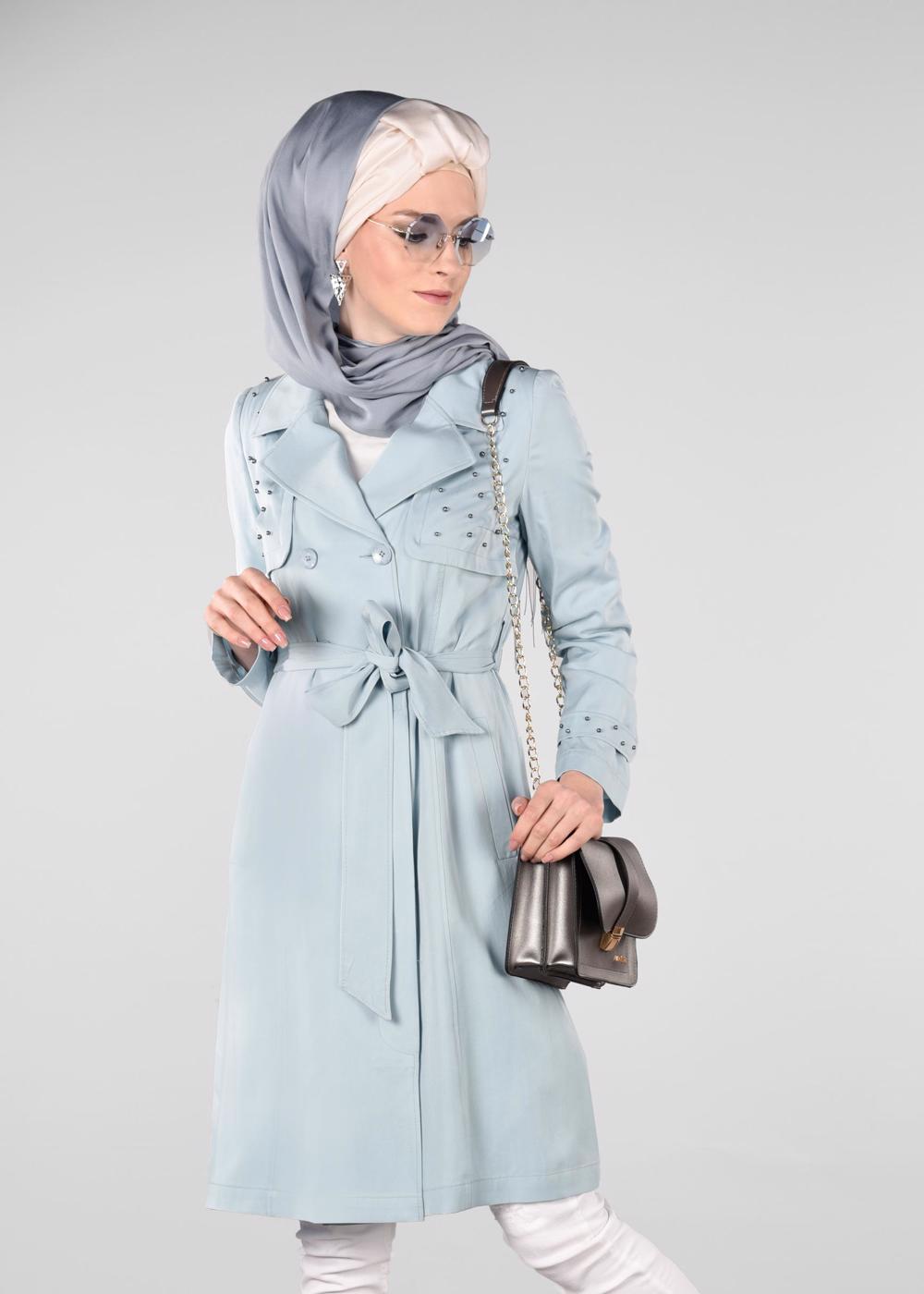 Tesettür giyim MAVİ İNCİ DETAYLI KUŞAKLI TRENÇKOT 1207	