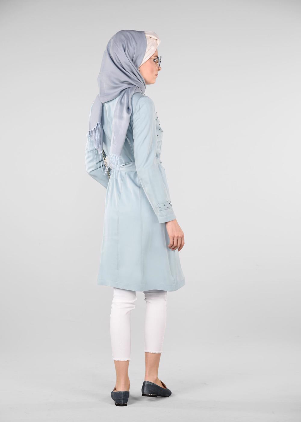 Tesettür giyim MAVİ İNCİ DETAYLI KUŞAKLI TRENÇKOT 1207	