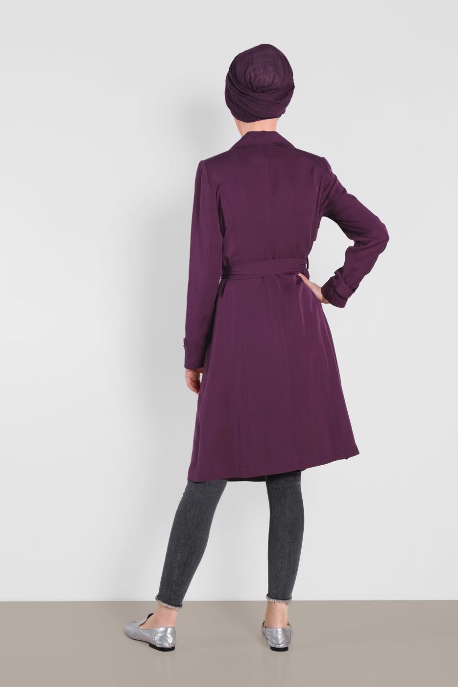 Tesettür giyim MOR İNCİ DETAYLI KUŞAKLI TRENÇKOT 1207	
