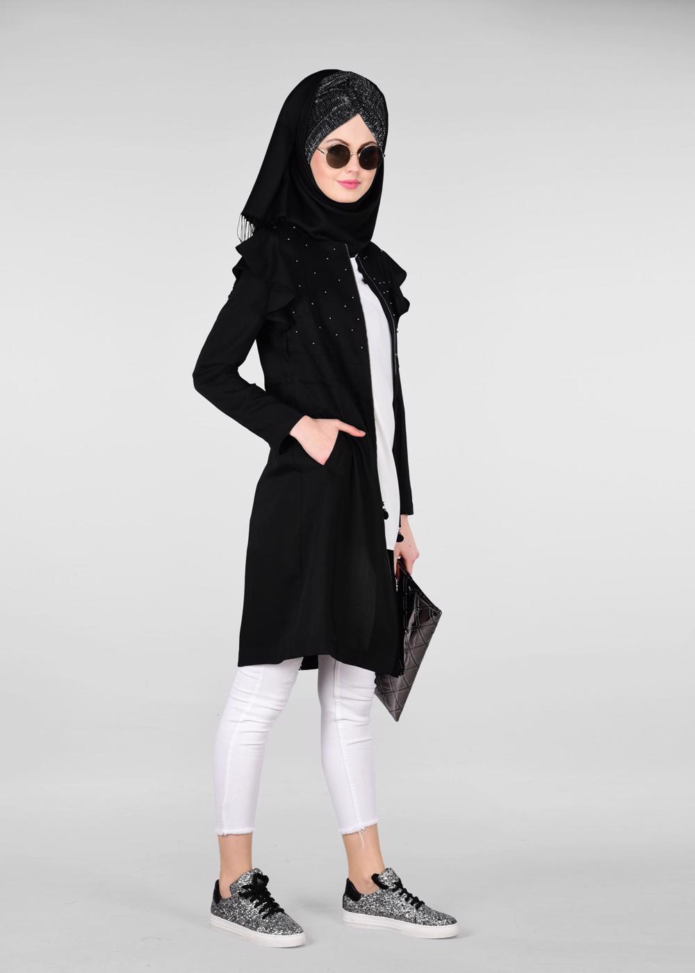 Tesettür giyim SİYAH OMUZLARI FIRFIRLI İNCİ DETAYLI TRENÇKOT 1211