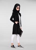 Tesettür giyim SİYAH OMUZLARI FIRFIRLI İNCİ DETAYLI TRENÇKOT 1211