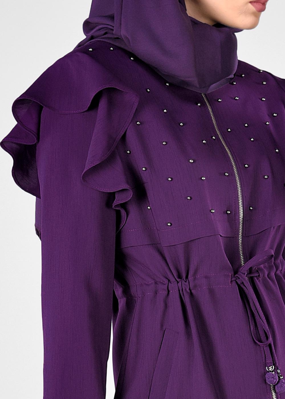 Tesettür giyim MOR OMUZLARI FIRFIRLI İNCİ DETAYLI TRENÇKOT 1211