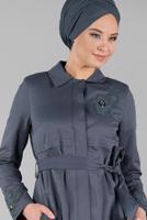 Tesettür giyim GRİ GİZLİ DÜĞMELİ İŞLEME DETAYLI TRENÇKOT 1221 